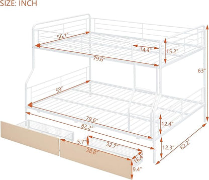 Full Over Queen Metal Bunk Bed with 2 Storage Drawers,Contemporary Iron-Crafted Bed Frame,w/Ladder & Full Length Gridded Guardrails,No Box Spring Needed,for Bedroom Guest Room,White