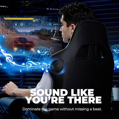 GTPLAYER ACE-PRO Music Gaming Chairs – Built-in Speakers, App Support & Bluetooth Control, Footrest & Pocket, Gamer Chair for Adults, Black & Green Stitch