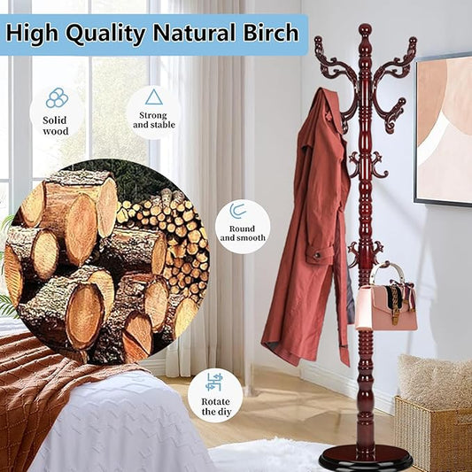 Solid Wood Coat Rack, Coat Racks Free Standing with 14 Hooks, Vintage Coat Rack with Stable Disc Base, Adjustable Height 73 in for Porch, Living Room, Bedroom, Office (Redwood Color)