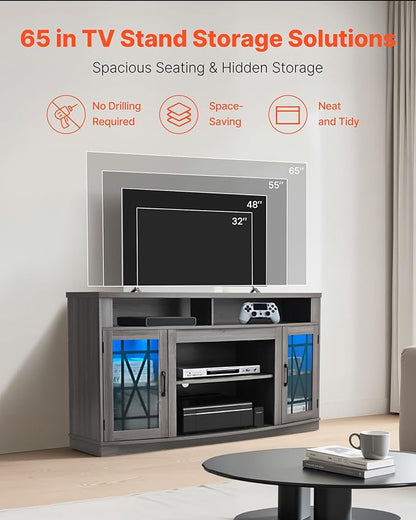 VEVOR TV Stand for TVs up to 65 inch, Farmhouse Entertainment Center with Light Strip, Wooden TV Cabinet Storage with Glass Doors and Adjustable Shelves, Console Table for Living Room, Bedroom, Gray
