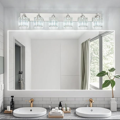 Modern Vanity Light 6-Lights Brushed Nickel Vanity Light Crystal Bathroom Wall Light Bathroom Light Fixtures