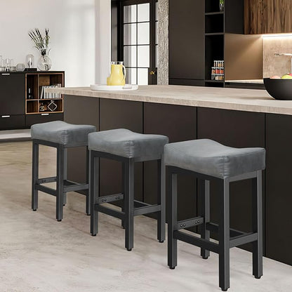 Counter Height Bar Stools Set of 3, 24 Inch Barstools for Kitchen Island Counter, Bonded Leather Kitchen Stools with Saddle Seats & Metal Base, Easy Assembly, Black