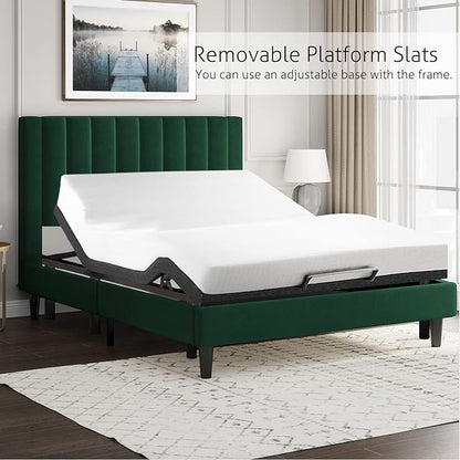 SHA CERLIN Queen Bed Frame/Velvet Upholstered Platform Bed Frame with Headboard/Strong Wood Slats Support/Mattress Foundation/No Box Spring Needed - Green