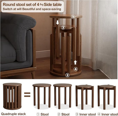 Stackable Stools Set of 4, Wooden Stools 18 Inch Stool Nesting Side Tables Nesting Coffee Table Sturdy and Durable, No Installation Required,Top Stackable Round Stool for Saving space(Walnut Barstool)