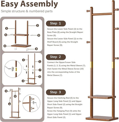 Solid Wood Coat Rack Clothes Rack, Coat Rack Freestanding with 2 Shelves and 5 Hooks, Heavy Duty Coat Tree for Entryway, Living room, Coat Hanger Stand for Hats, Bags Clothes(Walnut Brown)