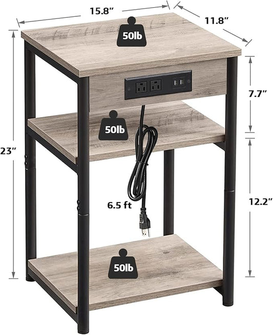 TUTOTAK End Table with Charging Station, Nightstand, 3-Tier Couch Side Table with USB Ports and Outlets, Bedside Table for Small Space, Living Room TB01BG026