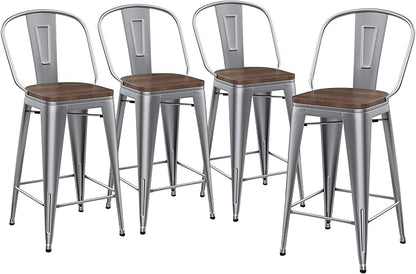 Yongqiang 24 inch Bar Stools Set of 4 High Back Kitchen Counter Height Bar Chairs Silver Metal Barstools with Large Wooden Seat