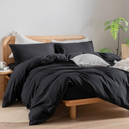 BESTOUCH Duvet Cover Set 100% Washed Cotton Linen Feel Super Soft Comfortable Chic Lightweight 3 PCs Home Bedding Set Solid Deep Black Full/Double