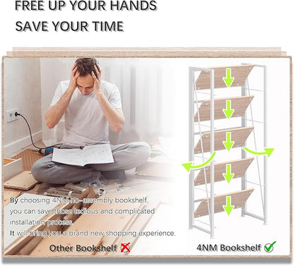 4NM No Assembly Folding Bookshelf, 5-Shelf 62.2" H Collapsible Foldable Bookcase Storage for Small Spaces, Natural White