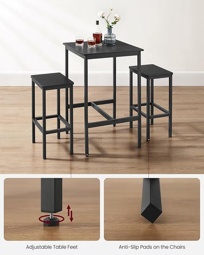 VASAGLE Bar Table and Chairs Set, Square Table with 2 Stools, Dining Pub Set for 2, Space Saving for Kitchen Breakfast, Living Room, Party Room, Ebony Black and Ink Black