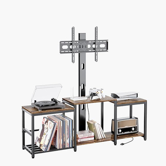 Aquzee TV Stand with Mount for up to 75 inch with Power Outlet, 58”W Wood Entertainment Center with Record Player Storage for 50 55 60 65 70 75 inch TV, Height Adjust Swivel Mounted Television Stand