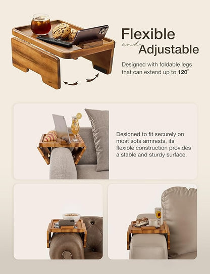 HOLANA 15.75" Acacia Couch Armrest Table with 360° Rotating Phone Holder, Wooden Couch Tray – Sofa Side Table, Armchair Caddy for Home Sofa Living Room (Acacia)