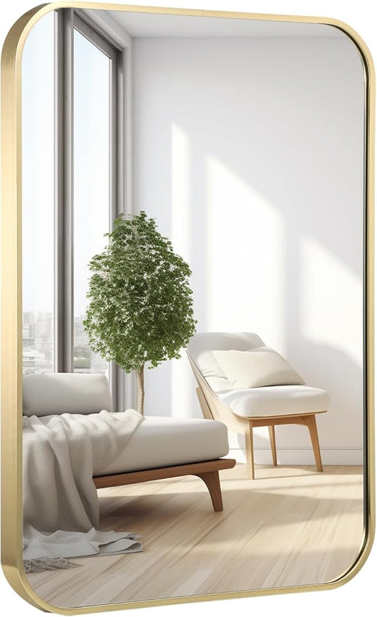 30x40 Inch Bathroom Mirror for Wall,Gold Framed Rectangle Mirror with Rounded Corner,Aluminum Alloy Framed Brushed Wall Mirror for Bedroom or Living Room,Vertical or Horizontal