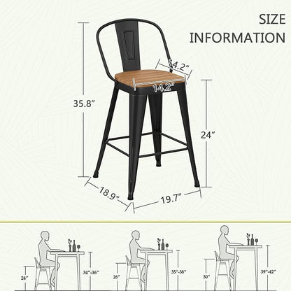 Outdoor Metal Bar Stools Set of 4,24 inch Barstools Counter Height Bar Stool with High Back Farmhouse Kitchen Dining Chairs Bar Funiture for Outside