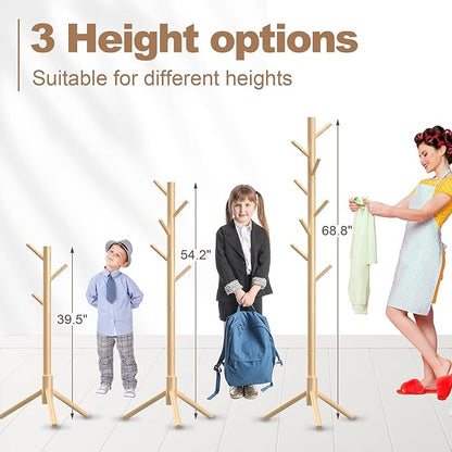 Wooden Coat Rack Stand, Freestanding Coat Rack with 8 Hooks, 3 Adjustable Size Coat Tree for Hats, Coats, Scarves bags, Coat Hanger Stand Used in Bedroom/Office/Entryway (Natural)