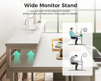 AODK Computer Desk with Drawers and Keyboard Tray, 63" Office Desk with Power Outlet and LED Lights, Reversible Study Work Desk with Printer Shelf and PC Stand for Home Office, White