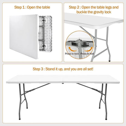 Folding Table 6ft Plastic Folding Table Indoor & Outdoor for Picnic, Camping,BBQ and Party, with Powder Coated Steel Legs and Built in Carry Handle, White