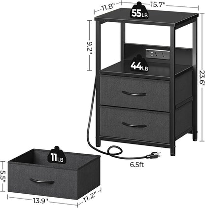 Seventable Nightstand with Charging Station, Bedside Table with LED Lights, Night Stand with 2 Fabric Drawers, 3-Tier Storage End Table for Bedroom, Black