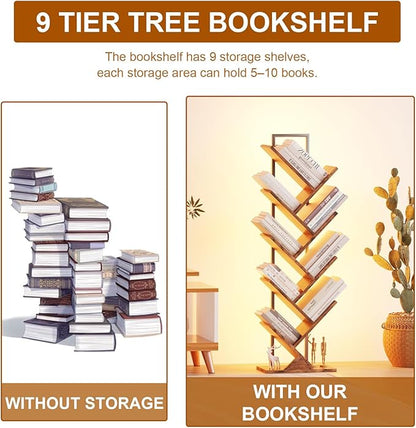 Tree Book Shelf with LED Lights, 9 Tier Floor Standing Bookcase, Classical Corner Shelf Kids Bookshelf, Tall Wood Book Storage for Bedroom, Living Room, Home Office, Brown