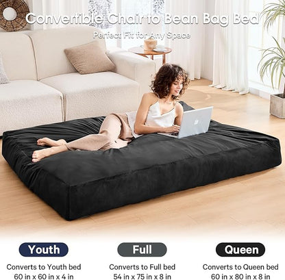 Bean Bag Chairs for Teens - Bean Bag Chair Convertible Bean Bag Bed - Small Beanbag Chair with Micro Fiber Cover/Furniture Foam Filler - Bean Bag Couch Sofa in Bedroom Dorm Room - Youth Carbon Black