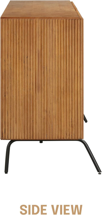 NTC Veil Modern Sideboard with 4 Doors, Buffet Cabinet with Vertical Groove Design and Metal Legs, Storage Cabinet for Living Room, and Hallway, Effortless Assembly, Teak Look