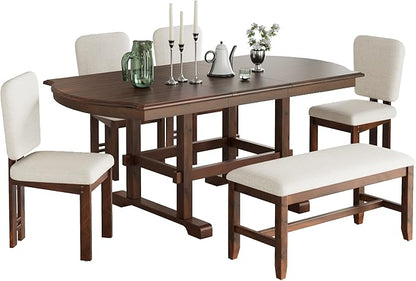 Ball & Cast 6 Pieces 78inch Extendable Wood Dining Table Set with Bench,Traditional Kitchen Table Set w/ 18inch Removable Leaf and 4 Upholstered Dining Chairs,for 5 People Dining Room,Espresso+Beige