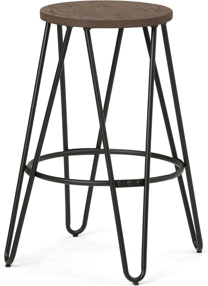 SIMPLIHOME Simeon Industrial Metal 26 inch Metal Counter Height Stool with Wood Seat (Set of 2) in Cocoa Brown / Black for the Dining Room and Kitchen