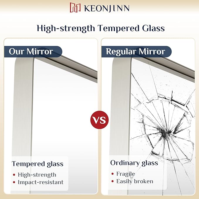 Keonjinn 20 x 30 Inch Brushed Nickel Bathroom Mirrors for Over Sink, Rounded Rectangle Silver Bathroom Vanity Mirror, Farmhouse Mirror for Wall, HD Tempered Glass, Anti-Rust Aluminum Alloy Mirror