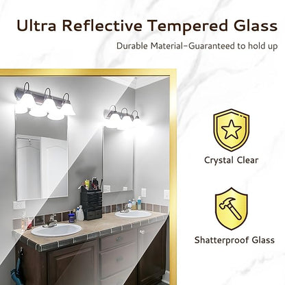 Bathroom Mirror 24"x36", Gold Vanity Mirror with Brushed Metal Frame & Tempered Glass, Rectangle Wall Mirror Mounted, Rust-Resistant for Bedroom, Entryway and Living Room Decor