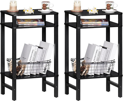 28in Tall Side Table 3-Tier Small Narrow End Table for Couch, Skinny Nightstand for Small Space, Farmhouse Slim Night Stand with Storage, Wooden Frame Thin Bedside Table, for Living Room, Black