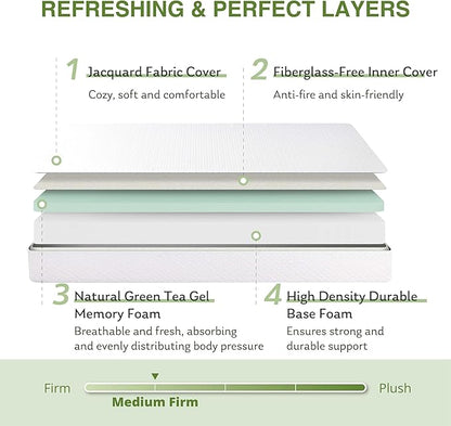 Full Size Memory Foam Mattress, 12 Inch Bed Mattress in a Box with Cooling Green Tea Gel, Relieve Pressure with Medium Support, CertiPUR-US Certified, 75''L x 54''W, White
