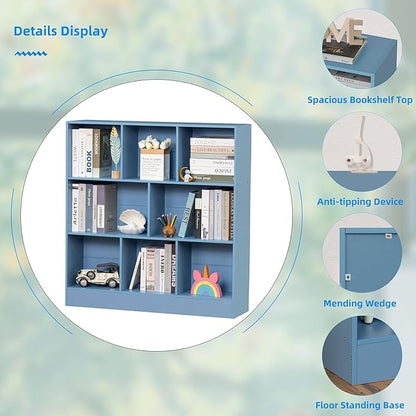 YAHARBO 3 Tier Bookshelf,Wide Kids Horizontal Bookcase,8 Cube Blue Book Shelf,Large Display Toy Storage Cabinet with Base,Floor Standing Modern Bookcases Organizer for Bedroom,Nursery,Playroom