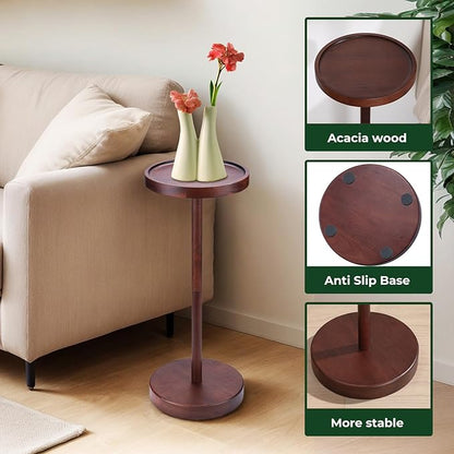 Solid Acacia Wood Pedestal End Table - Small Round Martini Table