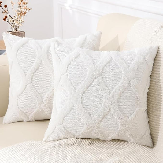 decorUhome Throw Pillow Covers 22x22 Inch Set of 2, Soft Plush Faux Fur Wool Cream White Couch Pillow Covers, Decorative Neutral Pillow Cases for Bed Sofa Living Room Home Decor