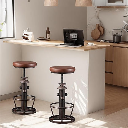 Vintage Swivel Bar Stools Industrial Leather Seat Bar Stool Fire Hydrant Design Kitchen Dinning Chair 24-30inch Height Adjustable with Footrest