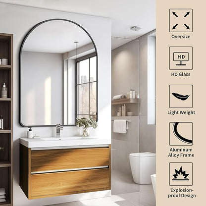 FORBATH Arched Mirror 36x48 Inch, Bathroom Mirror Wall Mounted Modern Black Aluminum Alloy Frame Decor Large Dresser Mirror for Bedroom Living Room Entryway, Hanging or Leaning Against Wall
