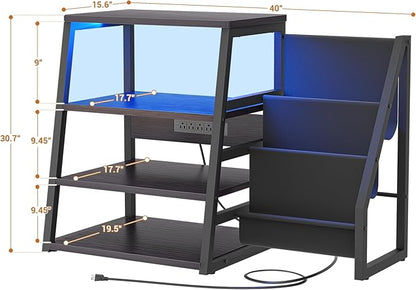 AV Media Stand with Outlets, Stereo Stands and Racks with Vinyl Storage, Stereo Stand with Record Storage, Audio Stereo Rack Cabinet, Turntable Console Stand with LED lights, 4 Tiers, Black Ebony