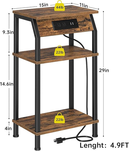 Tall Side Table with Storage, 3-Tier Small End Table with Charging Station, Narrow Bedside Table Stand, Space-Saving Nightstand for Living Room, Bedroom,Office, Rustic Brown