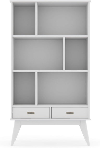 SIMPLIHOME Draper Bookcase - 64 inch Tall Solid Hardwood Wide Storage Bookshelf in White, Mid-Century Modern Storage for Living Room, Study Room or Office with Adjustable Shelves and Tapered Legs