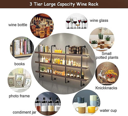 55.1in Large Wine Rack with LED Light Solid Wood Wall Mounted Wine Rack, 3-Tiers Liquor Bottles Floating Shelves Display Storage Organizer for Home Bar & Dining Room (140cm/55.1in)