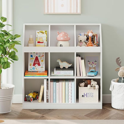 9-Cube Wooden Storage Bookcase - 11-Inch Open Shelf Cabinet, Simple Modern Bookshelf Organizer for Home Office, Living Room, White
