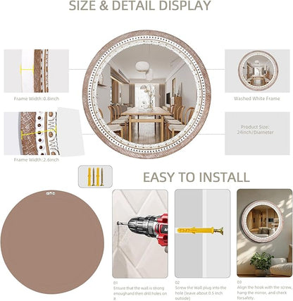 24 Inch Wooden Round Mirror for Wall Decor, Farmhouse Rustic Decorative Circle Mirrors with Beaded Frame, for Bedroom, Bathroom, Living Room, Entryway