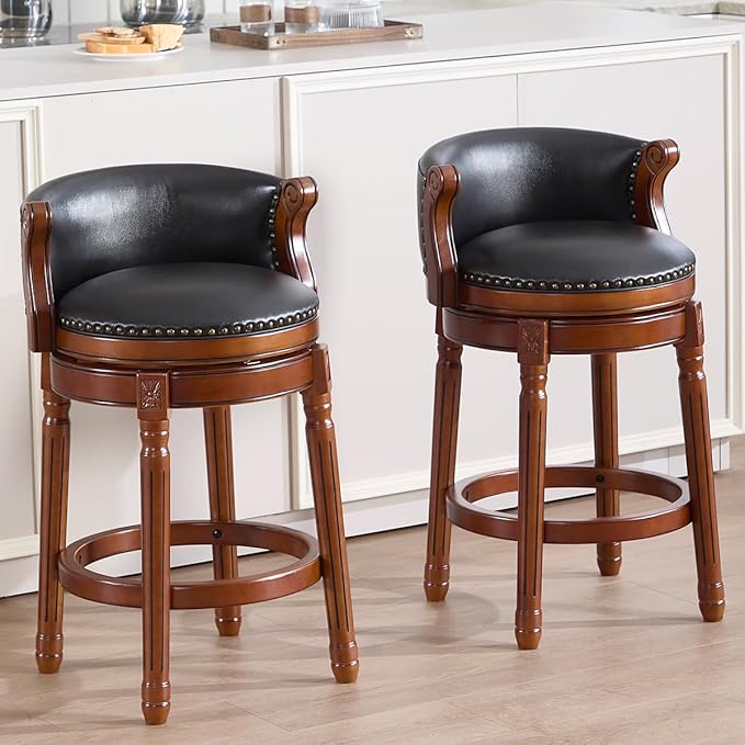 Cow top Leather Wooden Bar Stools, 29.5" Bar Height Bar Chair with Back, 180 Degrees Swivel Barstools Chair for Home Kitchen Counter,Dining Room (Black-2pcs, Counter Height-Seat Height 26”)