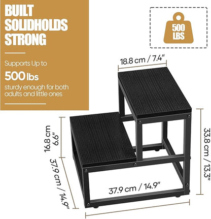 Wood and Metal 2 Step Stool for Adults & Kids – Heavy Duty Rustic Step Stools, 500 Lbs Capacity Non-Slip Stepping Stool for High Beds, Kitchen, Bathroom, Closet, Durable Foot Stool for Home Use,Black