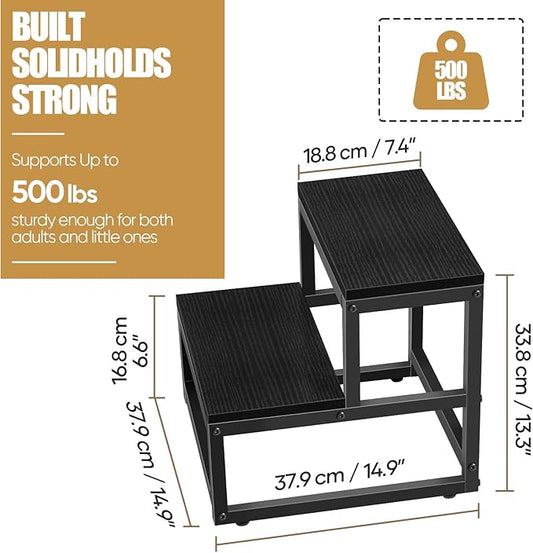 Wood and Metal 2 Step Stool for Adults & Kids – Heavy Duty Rustic Step Stools, 500 Lbs Capacity Non-Slip Stepping Stool for High Beds, Kitchen, Bathroom, Closet, Durable Foot Stool for Home Use,Black