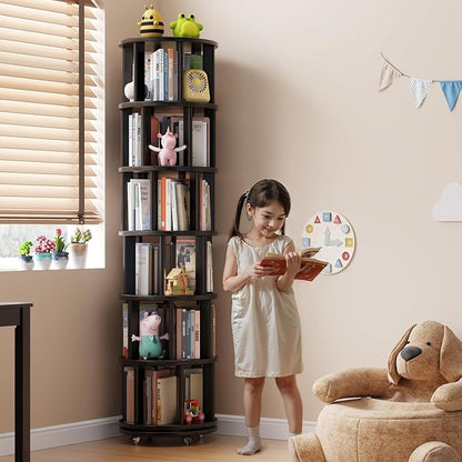 Solid Wood Rotating Bookshelf on Wheels, 6 Tier, Round Revolving Bookcase, 360° Spinning Book Shelf Tower for Kids, Narrow Rolling Bookshelves for Small Space, Corner, Bedroom, Office, Black