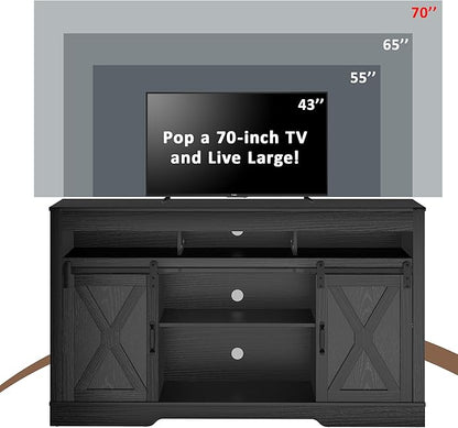 RoyalCraft Farmhouse TV Stand with Sliding Barn Door for TVs up to 65+ Inch, 34" Tall Entertainment Center, Wood Media Console Storage Cabinet for Bedroom, Living Room, Black