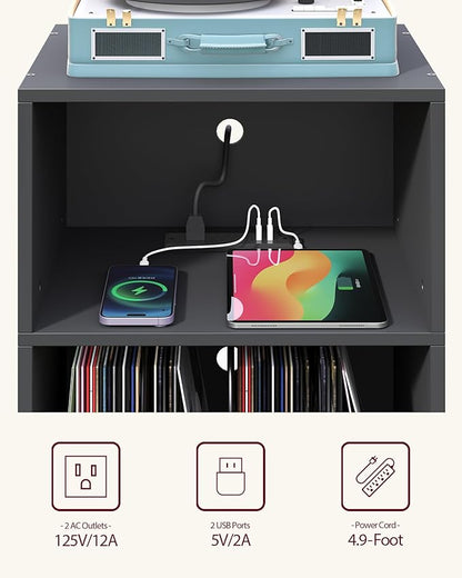 Record Player Stand, 3-Tier Side End Table with Charging Station, Turntable Stand Up to 160 Albums, Vinyl Storage Cabinet Dispaly Shelf for Living Room, Classic Black