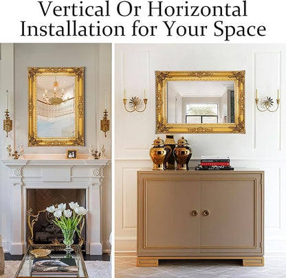 Antique Gold Mirror for Wall Decor, 28" x 20" Gold Vintage Baroque Mirrors with Ornate Frame, Traditional Antique Living Room Mirror, Horizontal/Vertical