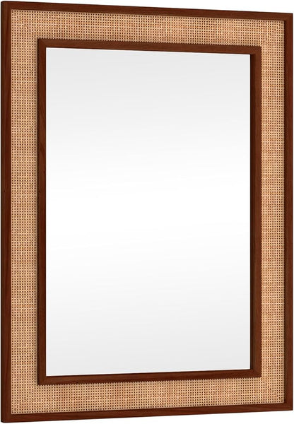 Rattan Wall Mirror with Wooden Framed 24 X 32 inch Farmhouse Rectangle Wood Mirror for Modern Decorative Bathroom, Living Room, Entryway, Bedroom (Walnut)